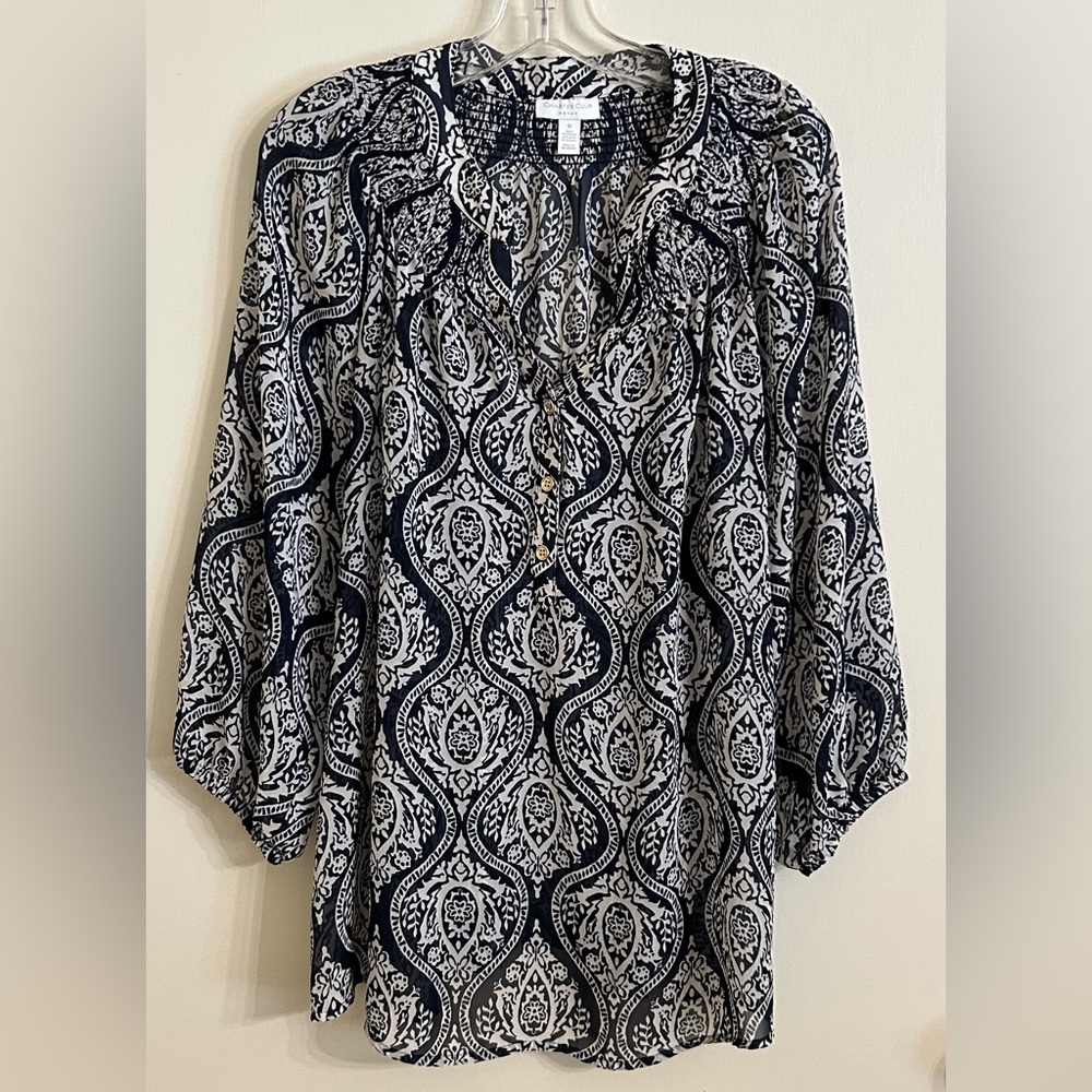 Charter Club Navy Paisley Tunic Popover Blouse
